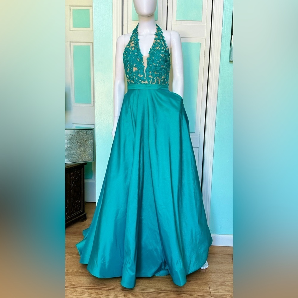 Size 2 Sherri Hill Teal Jade halter plunge ball gown Prom Dress Gala pockets